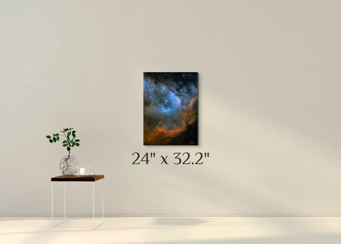 A wall art mockup featuring the 24 inch wide metal print titled "Seat of the Soul" shot by astrophotographer J K Lovelace on a wall.