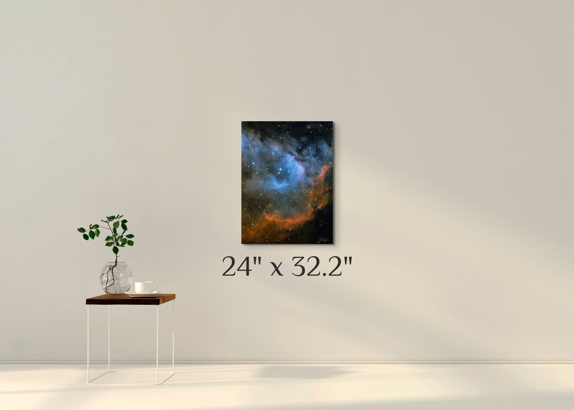 A wall art mockup featuring the 24 inch wide metal print titled "Seat of the Soul" shot by astrophotographer J K Lovelace on a wall.