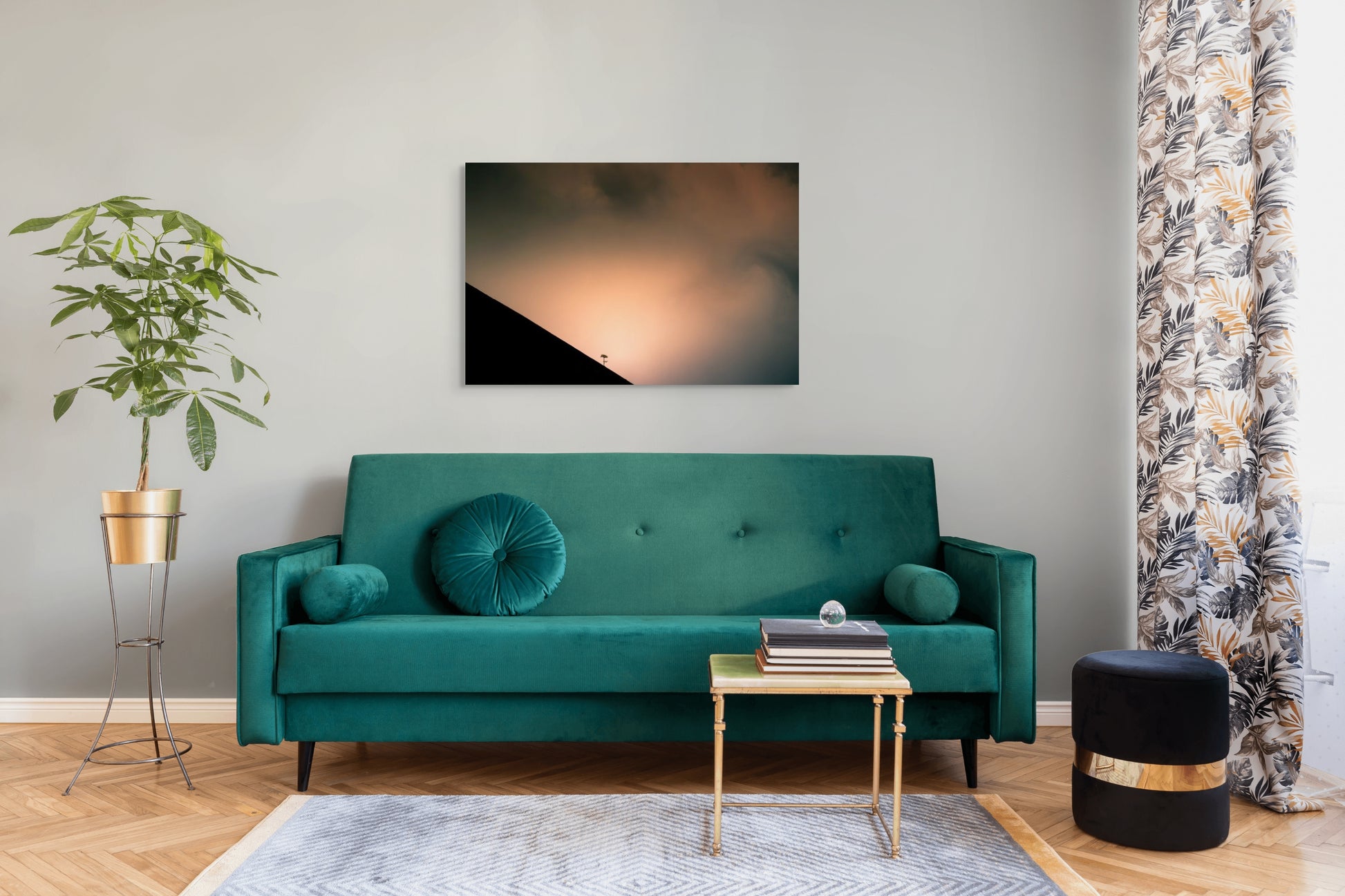 A wall art mockup featuring the photograph titled "Shadow Archetype" by landscape photographer Ben Coffman as a 44 inch wide metal print with inset frame on display in a modern apartment.