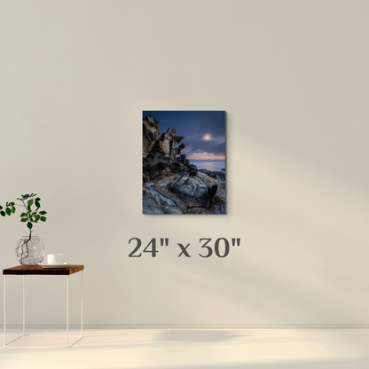 A wall art mockup featuring the seascape photograph titled "The Ancient Mariner" as a 24 inch wide metal print in inset frame displayed on a wall.