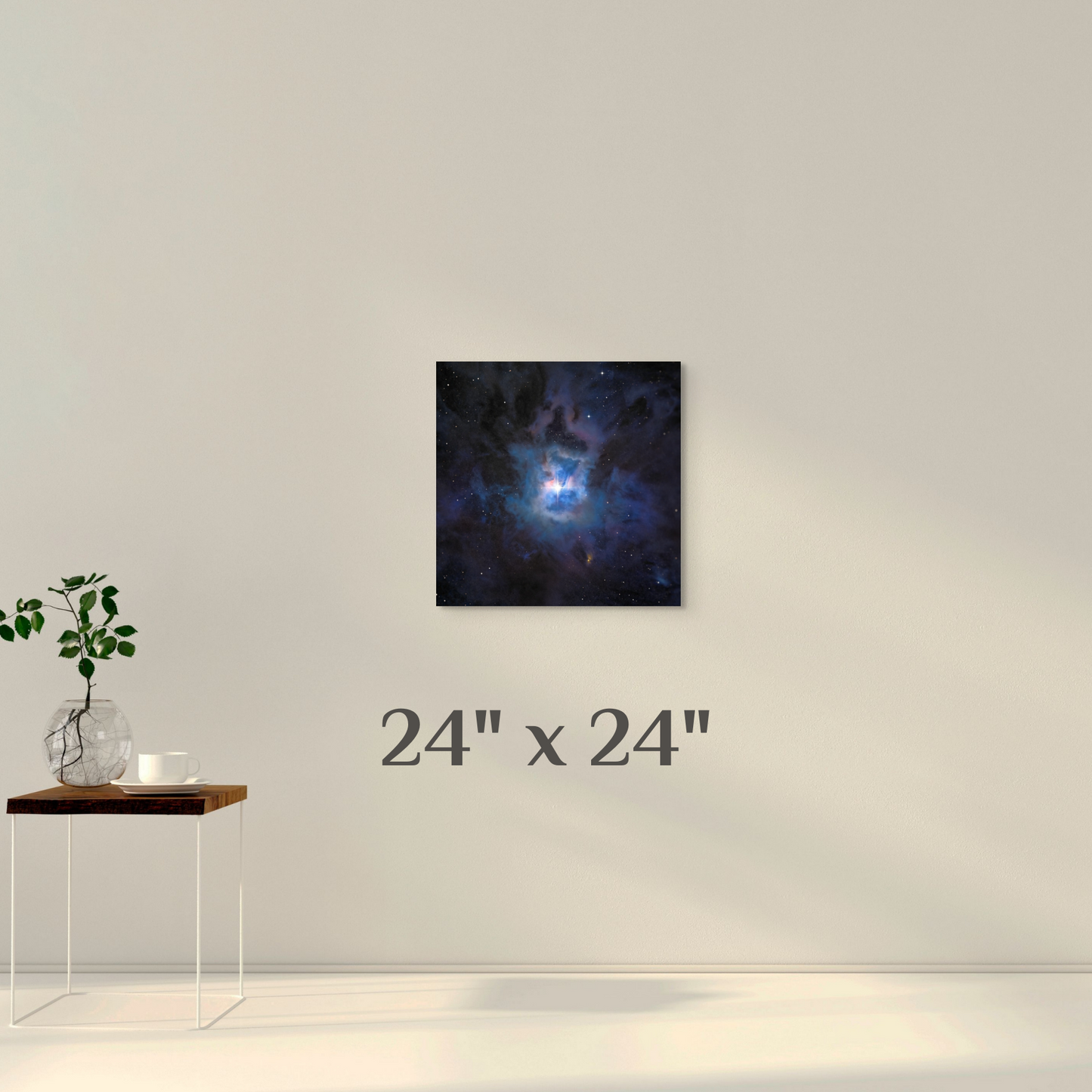 A wall art mockup of the deep sky photograph titled, "The Farthest Flower" shot by astrophotographer J K Lovelace, on display as a 24 inch wide metal print with inset frame.