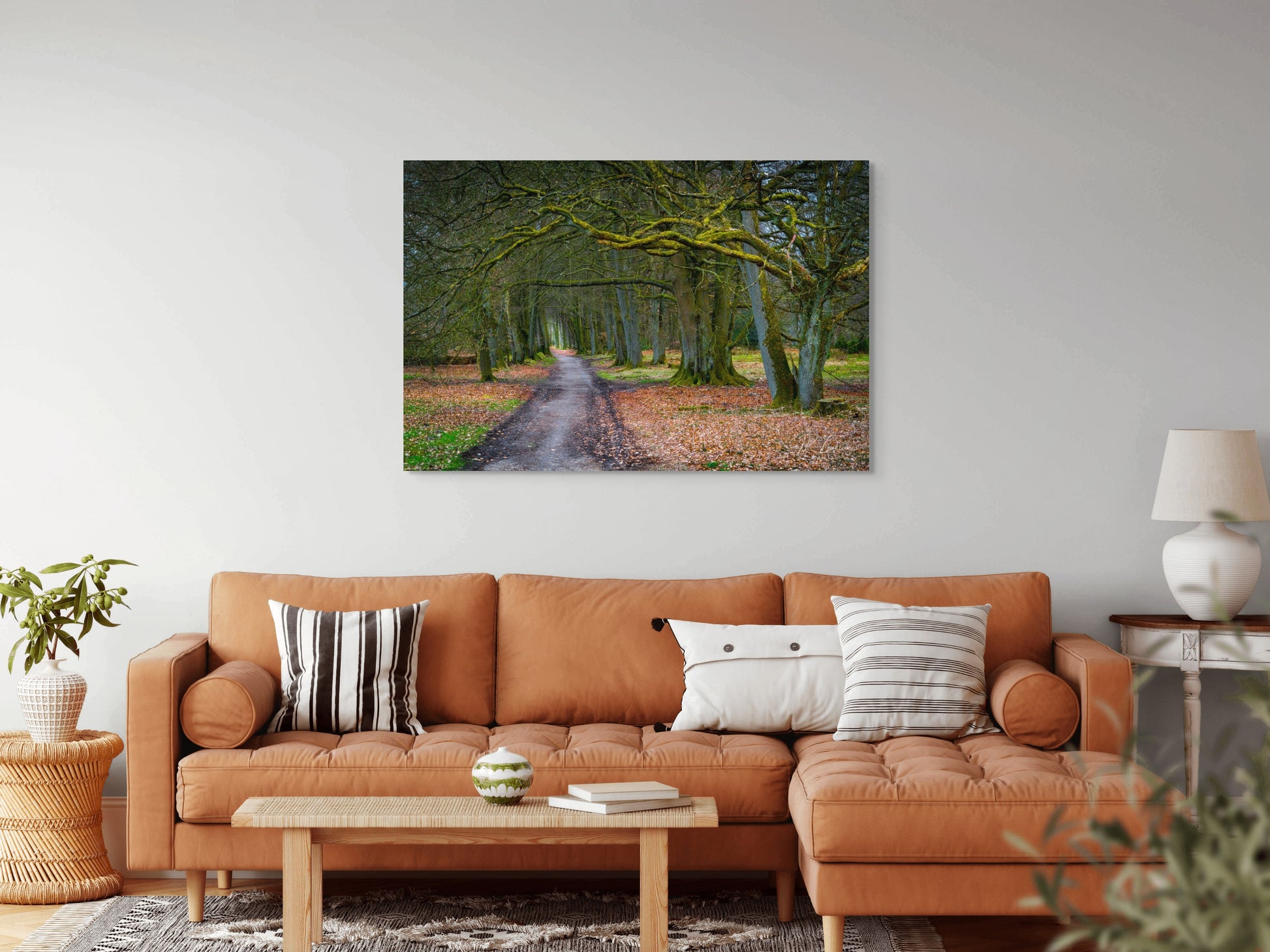 A wall art mockup featuring the photograph titled "To Grandmother's House" by landscape photographer J K Lovelace as a 60 inch wide metal print with inset frame on display in a boho chic living room.
