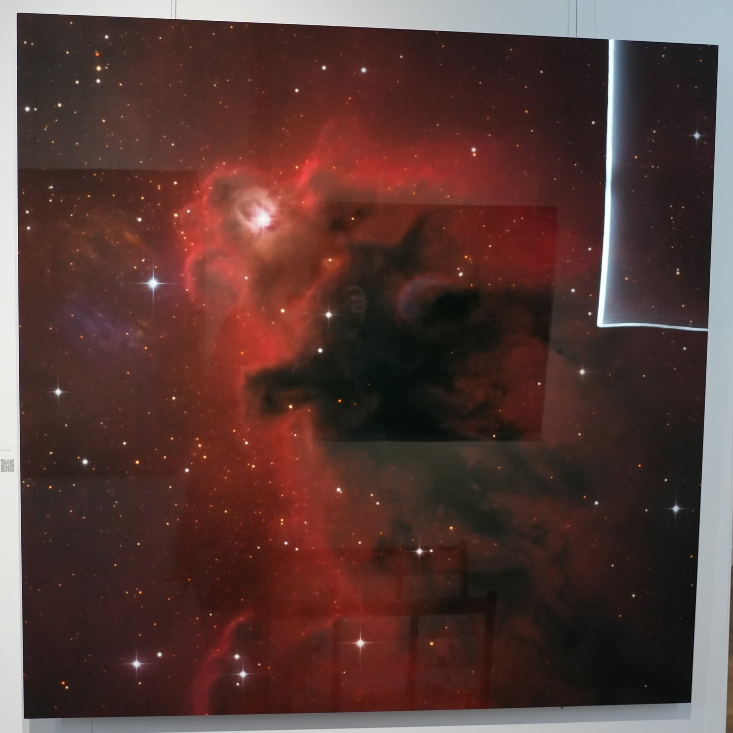 Large space-themed artwork on a wall in an exhibition setting