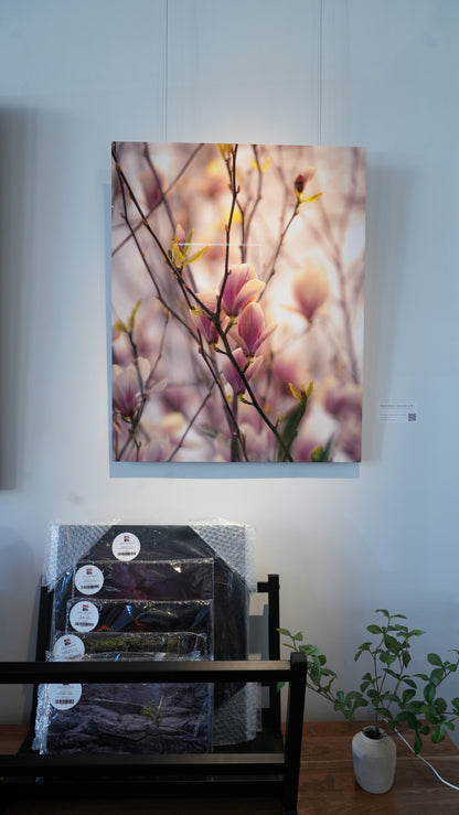 Artistic display of a floral painting on a wall with a plant and shelf below.