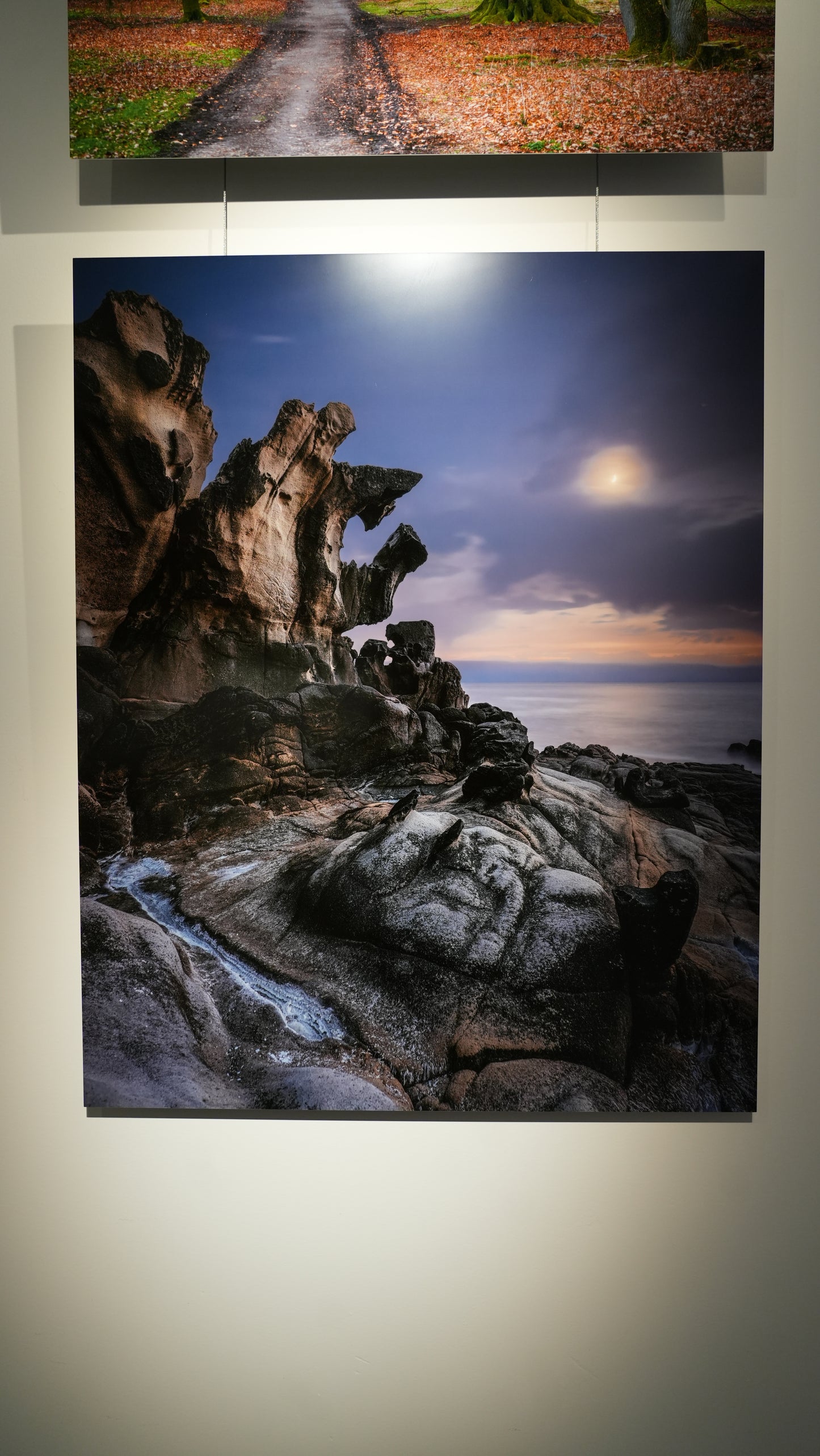 Two framed photographs on a wall, one of a path through a forest and the other of a rocky landscape with water.