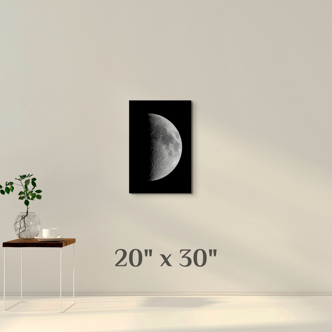 A wall art mockup featuring the 20 inch wide metal print titled "1st Quarter Moon" on display.