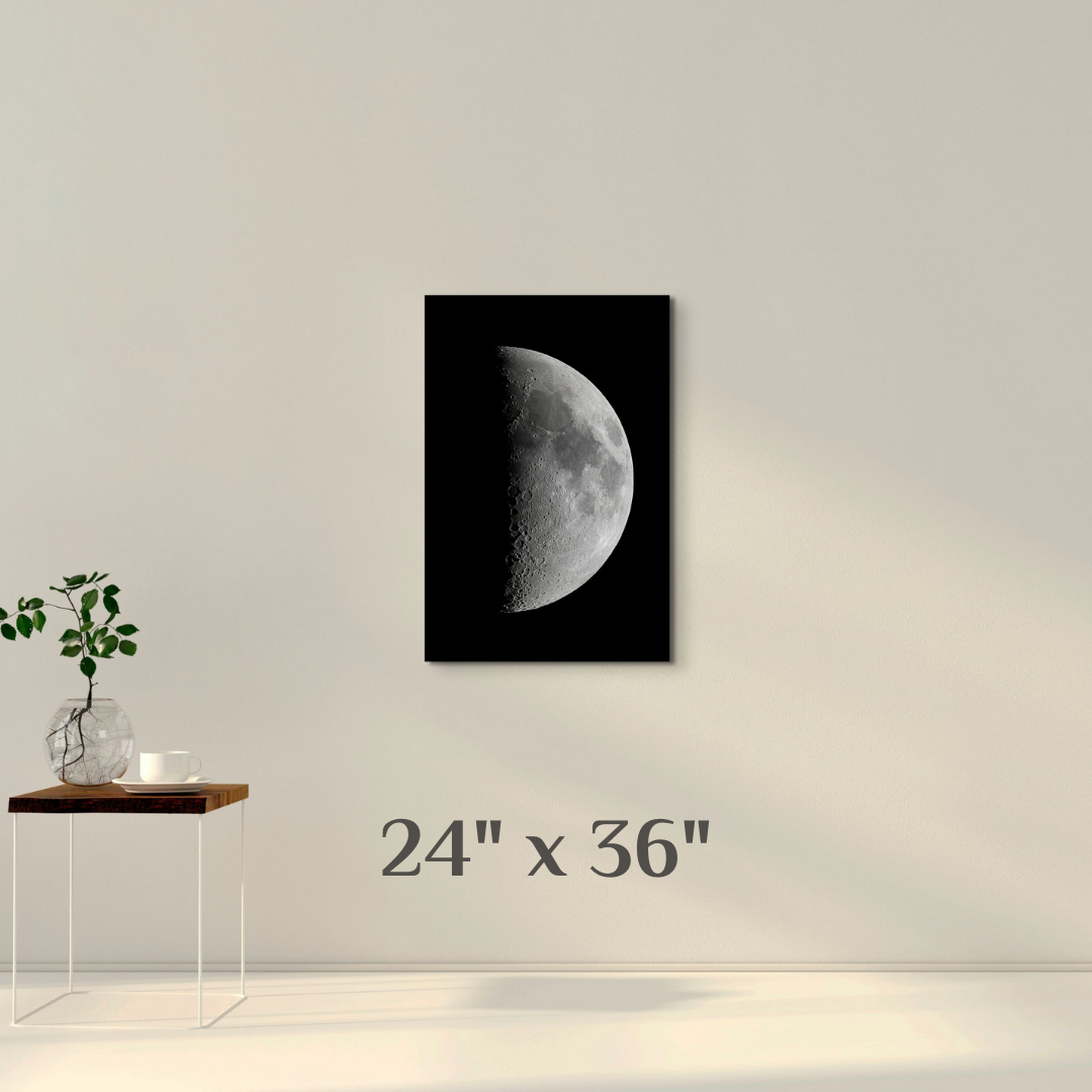 A simple wall art mockup featuring the 24 inch wide metal print titled "1st Quarter Moon" on a wall.