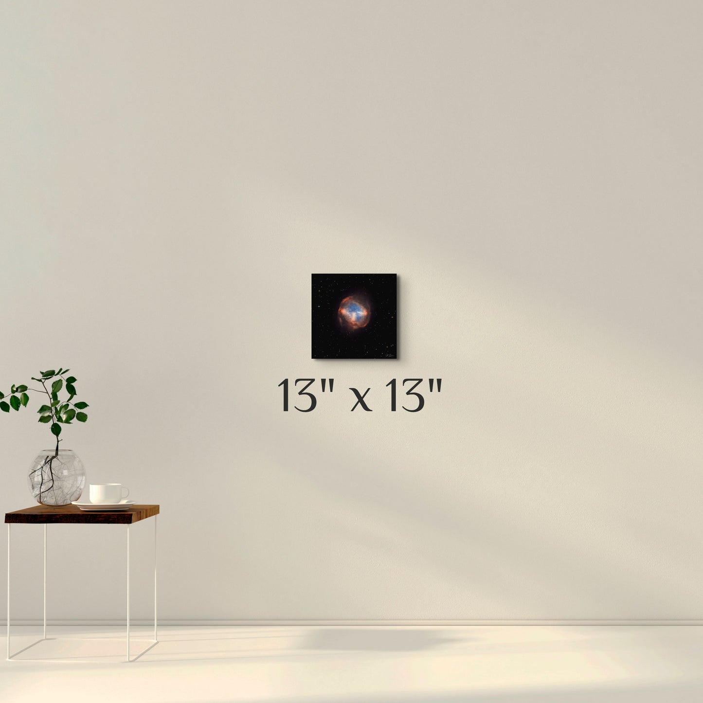 A wall art mockup featuring the photograph titled "Abell 74" by astrophotographer J K Lovelace as a 13 inch square metal print in inset rame on display.