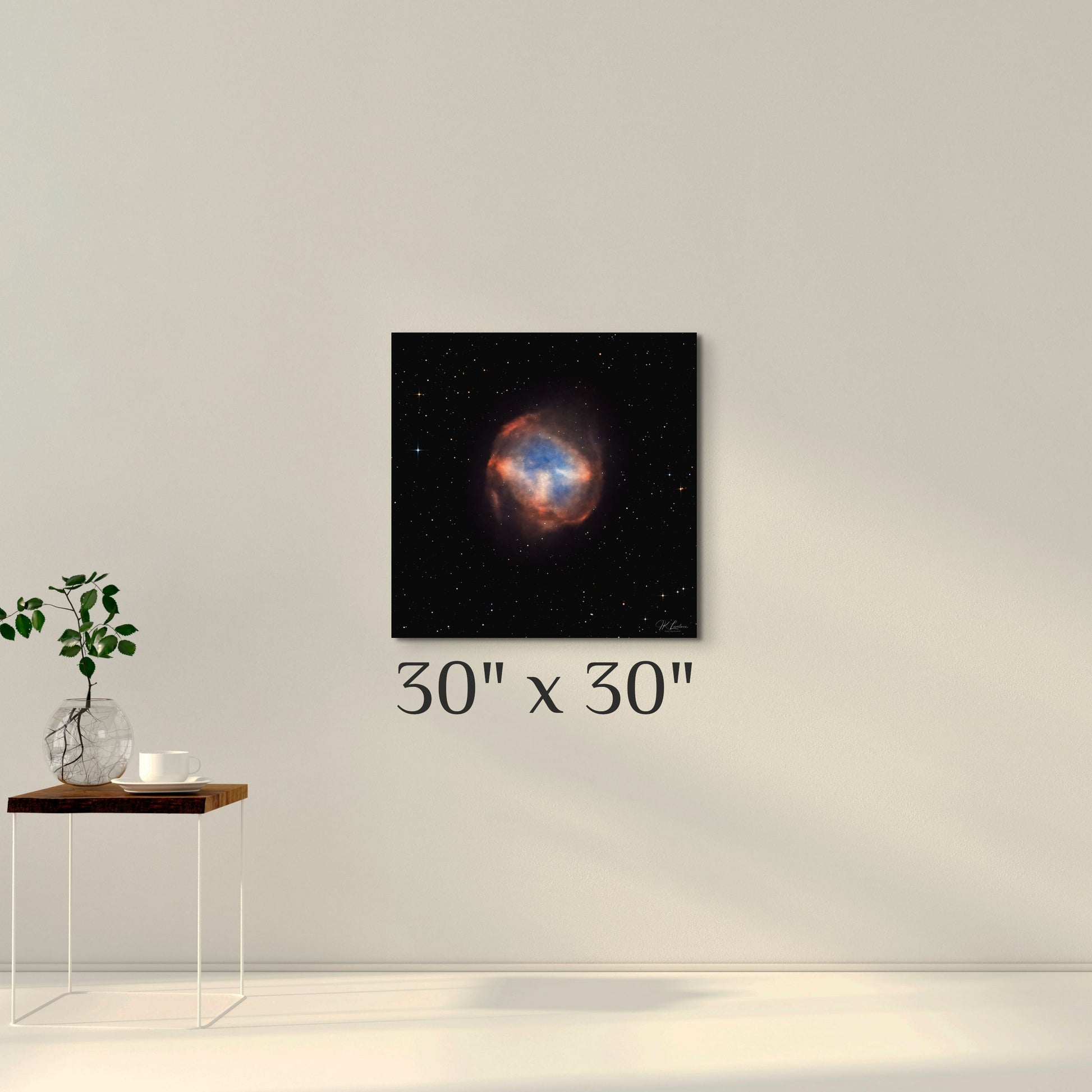 A wall art mockup of the 30 inch square metal print titled "Abell 74" on wall