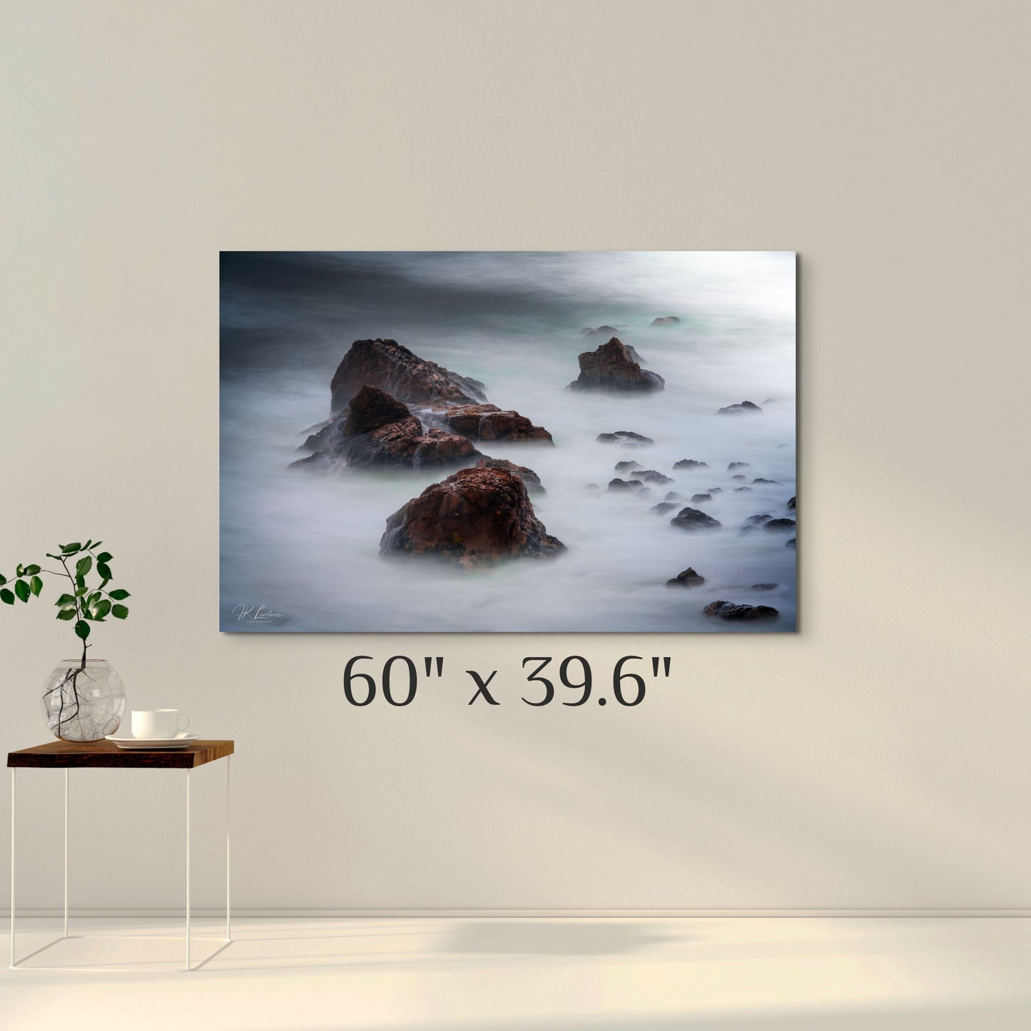 A simple wall art mockup featuring the 60 inch wide metal print titled "Beyond Here Be Dragons" on display on a wall.
