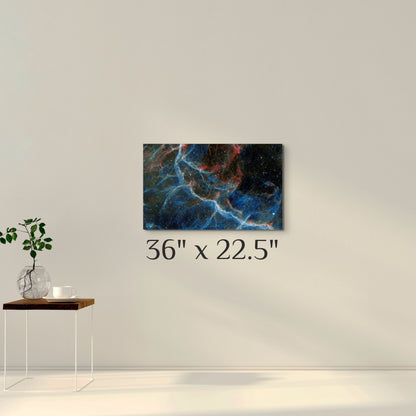 A simple wall art mockup featuring the 36 inch wide metal print in inset frame titled "Blue Vela" displayed on a wall.