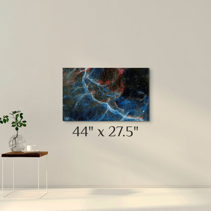 A simple wall art mockup featuring the 44 inch wide metal print in inset frame titled "Blue Vela" displayed on a wall.
