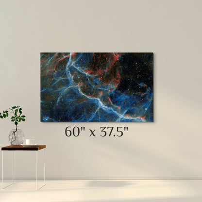 A simple wall art mockup featuring the 60 inch wide metal print in inset frame titled "Blue Vela" displayed on a wall.