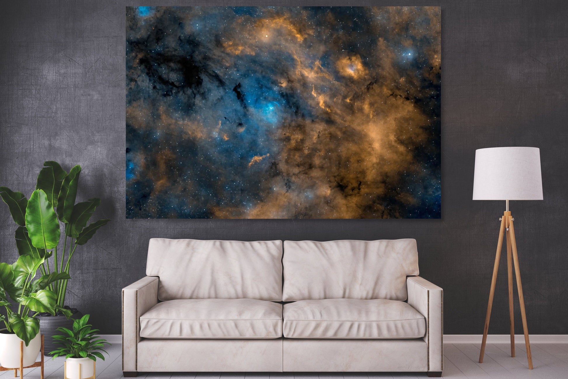 A wall art mockup featuring the metal print titled "Clouds of Light and Darkness" displayed in an inset frame on a soft grey wall above a cream colored upholstered loveseat sofa.
