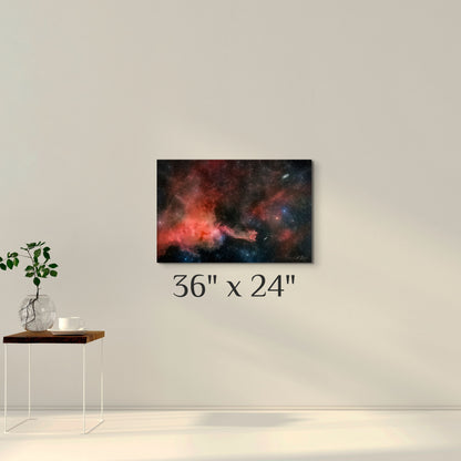 A simple wall art mockup featuring the 36 inch wide metal print titled "Cometary Globule 4 (CG4)" displayed on a wall.