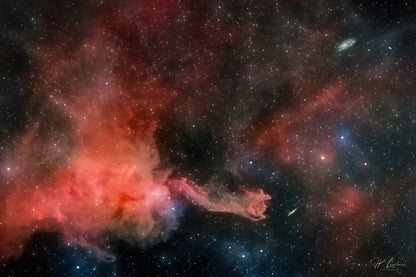 A jpg of the rare deep sky photograph titled "Cometary Globule 4 (CG4)" shot by astrophotographer J K Lovelace featuring the dark nebula Cometary Globule 4.