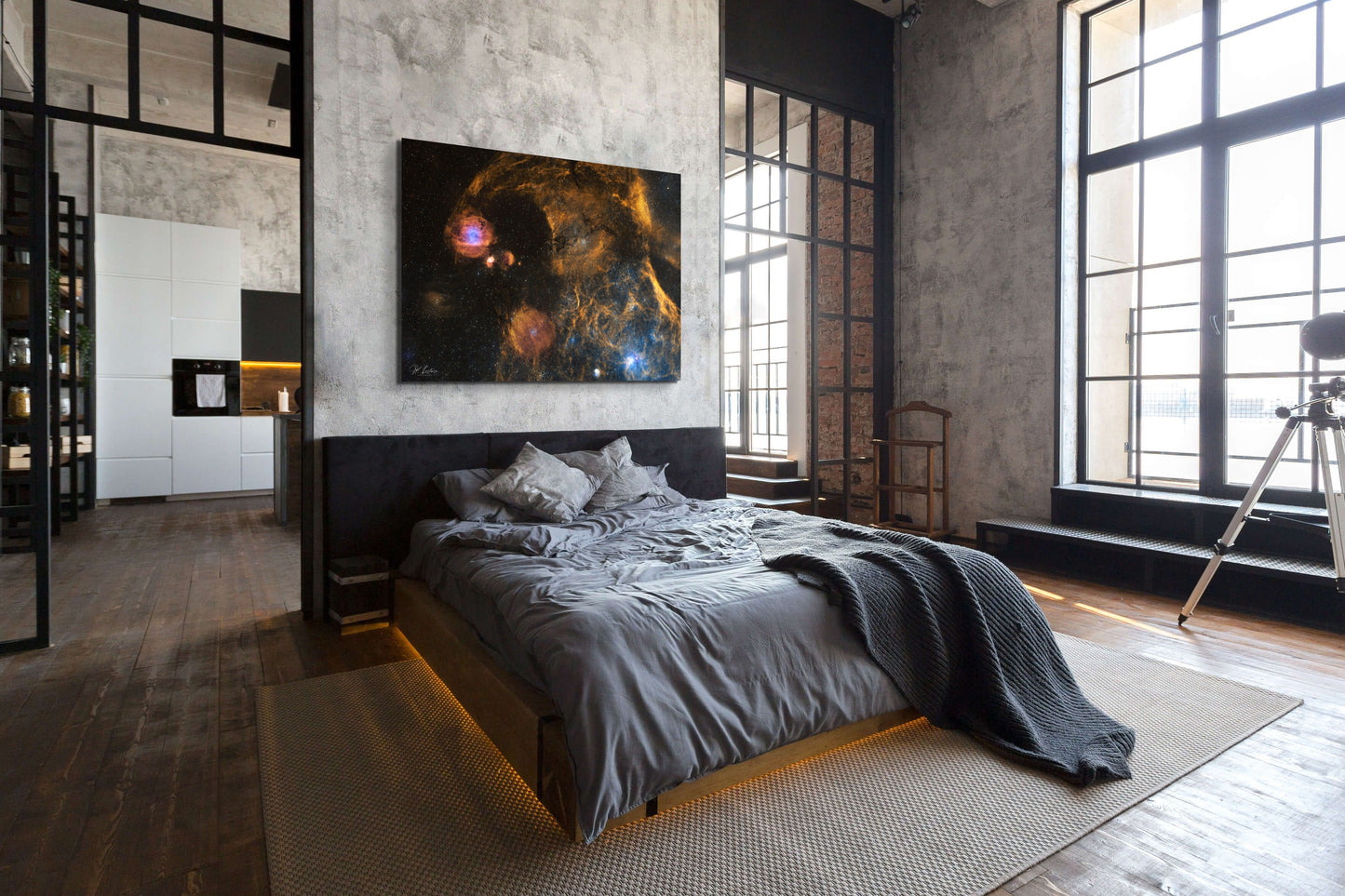 A wall art mockup featuring the metal print titled "Cosmic Marbles" in inset frame on display in a upscale industrial loft