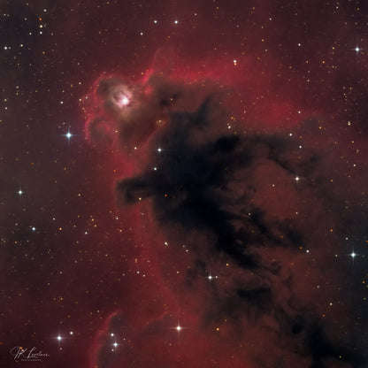 A jpg of the deep sky photograph titled "Elmo's Ghost" shot by astrophotographer J K Lovelace featuring The Boogeyman (or Bogeyman) Nebula, a.k.a. LDN 1622 and VdB 62, which is revealed to be Elmo's Ghost when rotated 90°