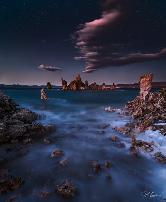 A jpg of the nightscape photograph titled "Mono Lith" shot by landscape photographer J K Lovelace featuring Mono Lake's tufa pillars.