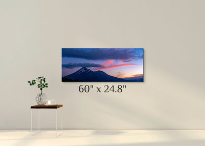 A simple wall art mockup featuring the 60 inch wide metal print titled "Mt Shasta, August 2021: Fire Above Smoke" displayed on a wall.