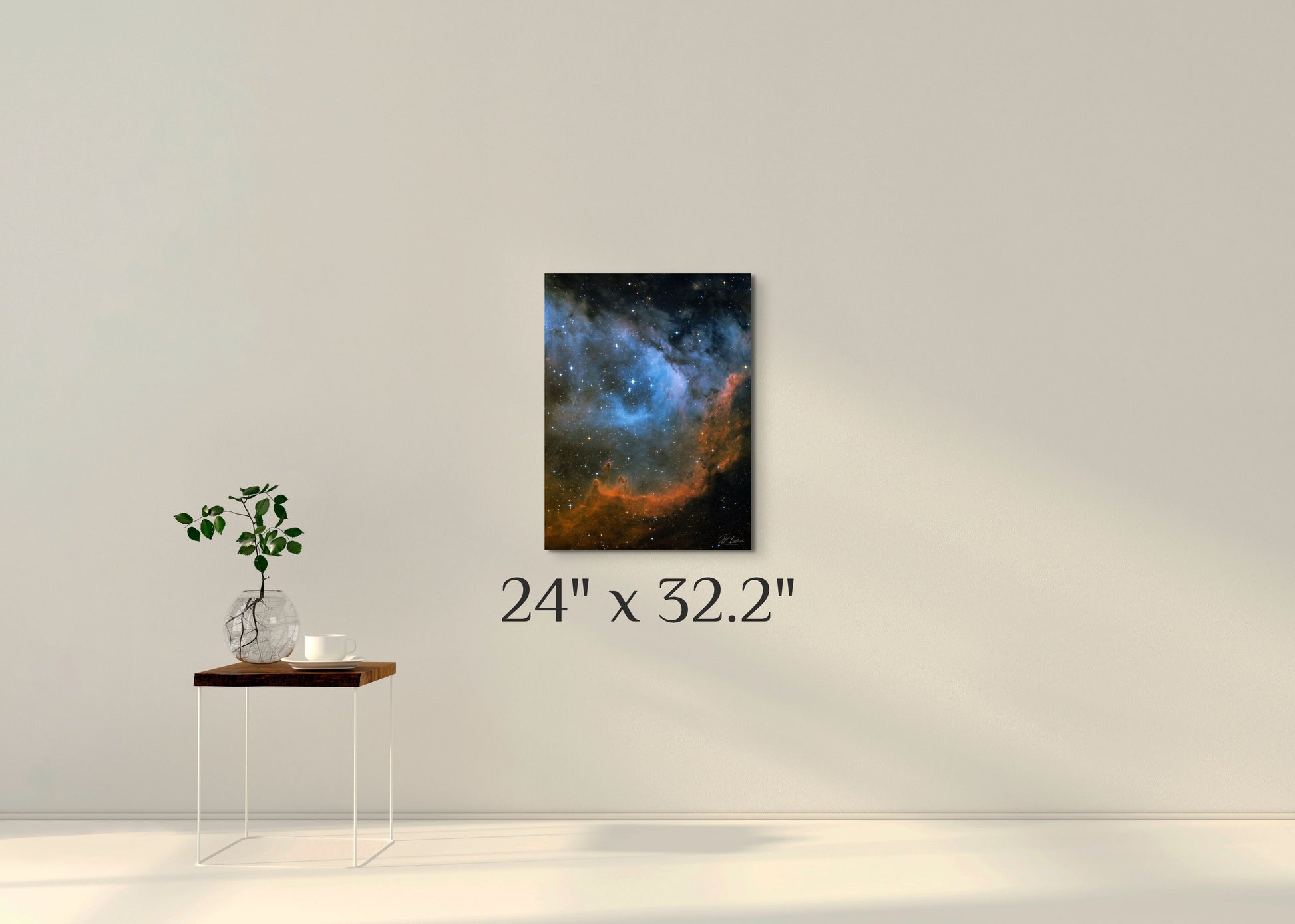 A wall art mockup featuring the deep sky metal print titled "Seat of the Soul" at 24 inches wide on display on a wall.