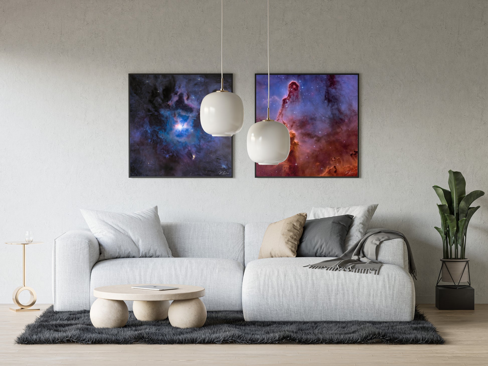 A wall art mockup of the metal prints titled "The Farthest Flower" and "Elephant's Trunk" in euro wrap frames with matte finish in a contemporary living room above a white fabric single-sofa lounger and novel stone round coffee table.