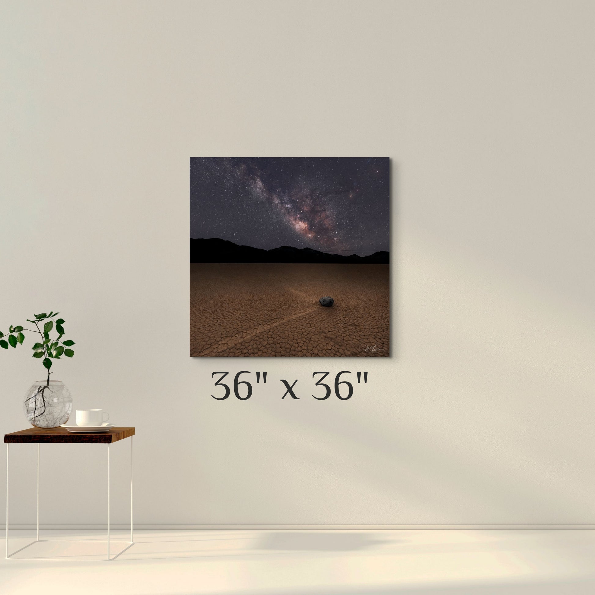 A simple wall art mockup featuring the 36 inch wide metal print titled "The Sailing Stone" displayed on a wall.