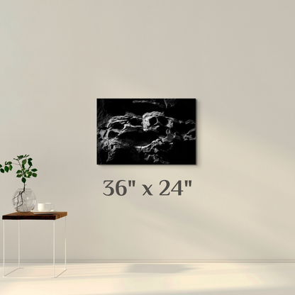 A simple wall art mockup featuring the 36 inch wide metal print titled "The Skull of Ozymandias" displayed on a wall.
