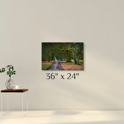 A simple wall art mockup featuring the 36x24 inch metal print titled "To Grandmother's House" on display on a wall.