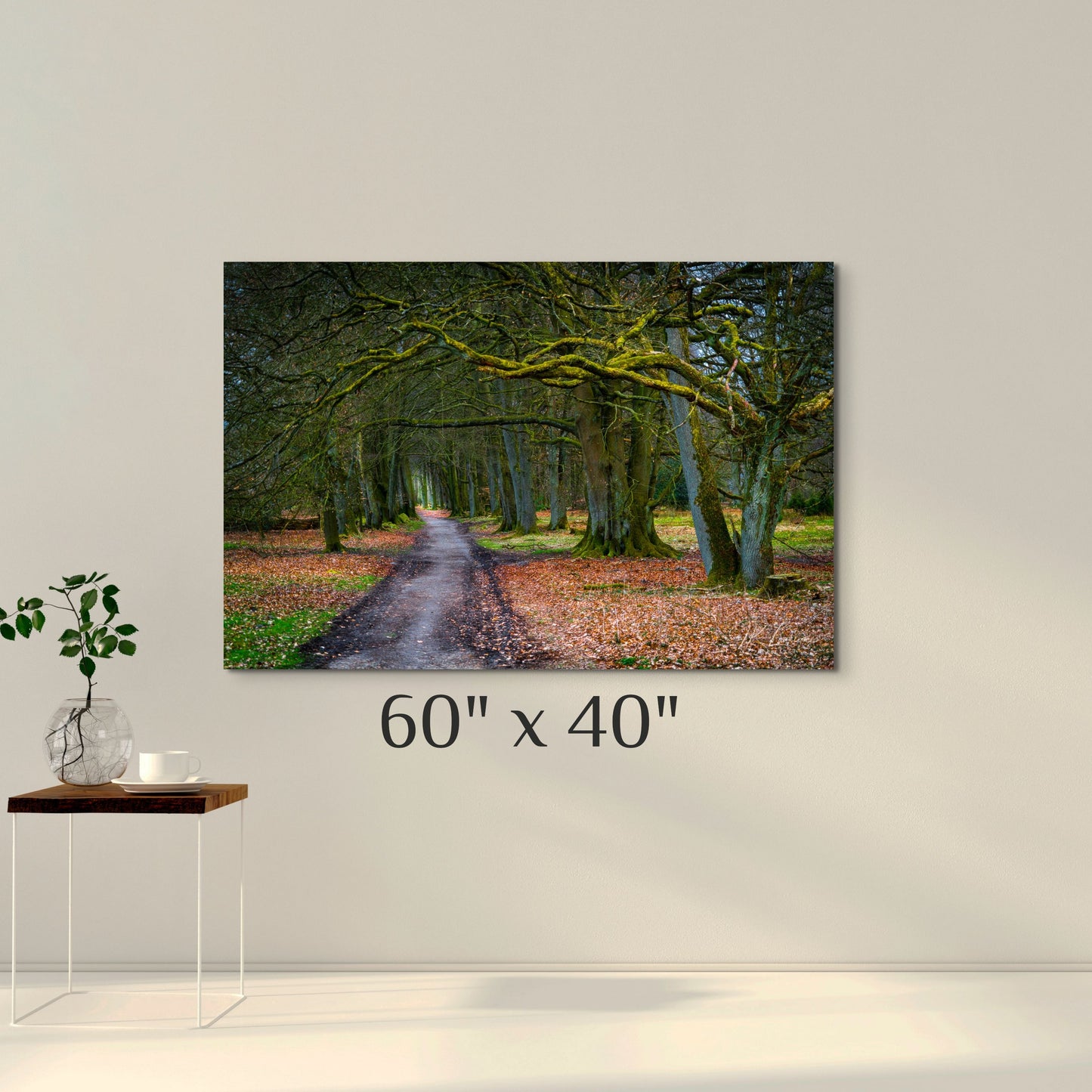 A simple wall art mockup featuring the 60x40 inch metal print titled "To Grandmother's House" on display on a wall.
