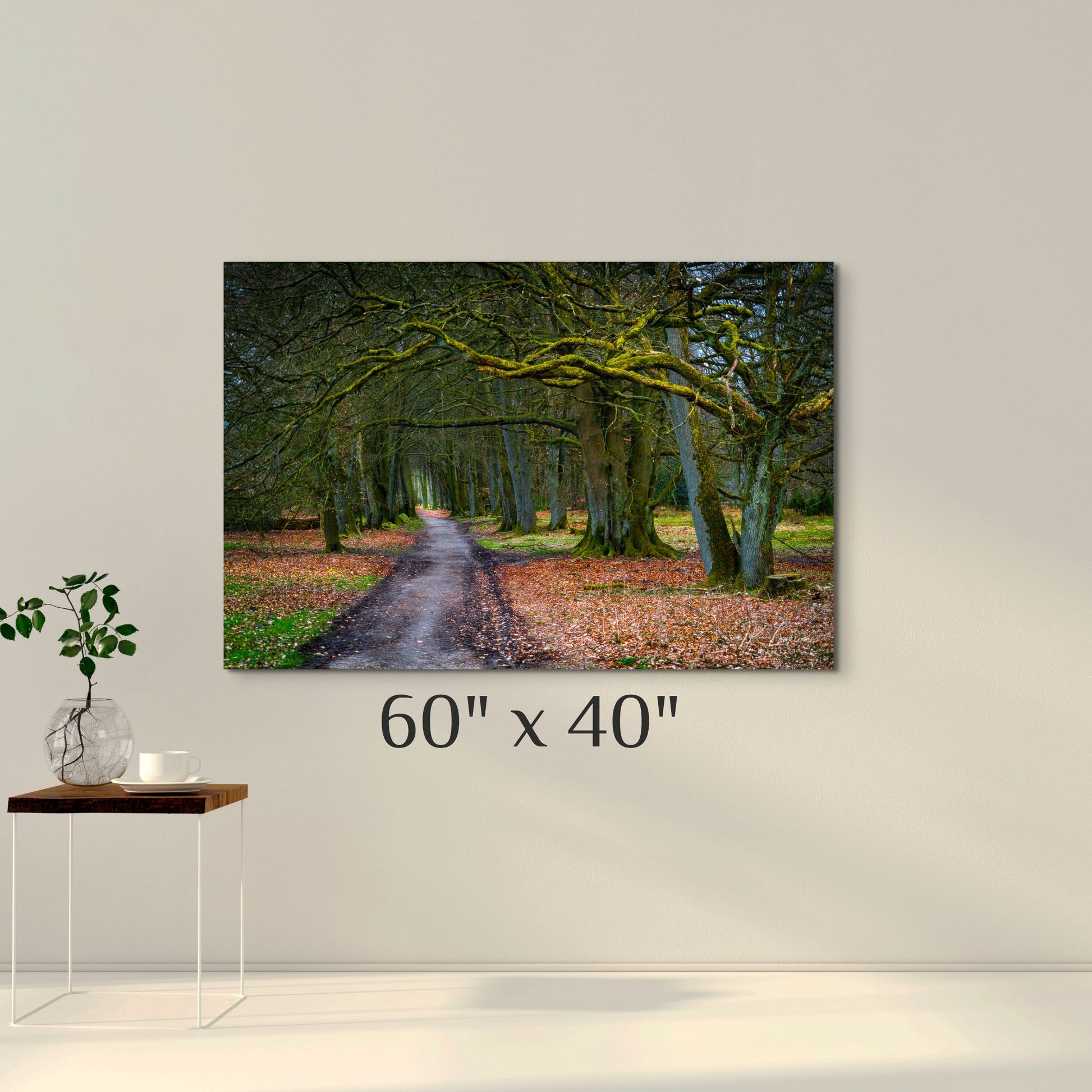 A simple wall art mockup featuring the 60x40 inch metal print titled "To Grandmother's House" on display on a wall.