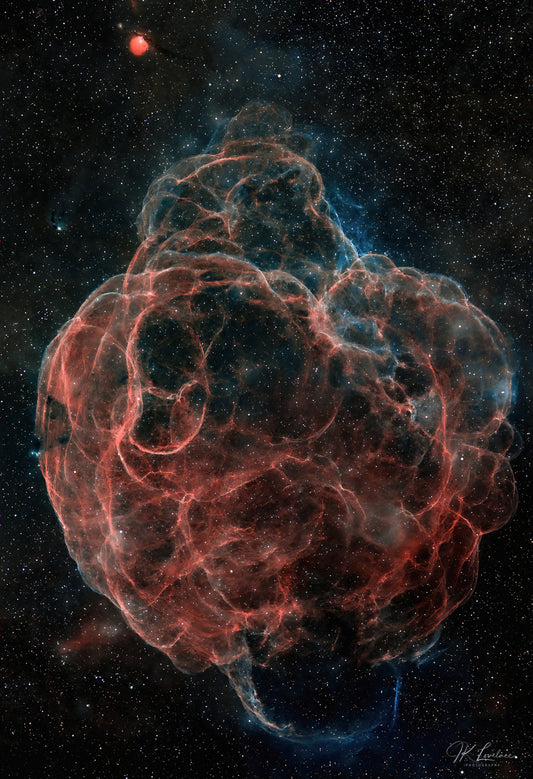 A jpg of the deep sky photograph titled "Web of Wisps" shot by astrophotographer J K Lovelace featuring the Spaghetti Nebula
